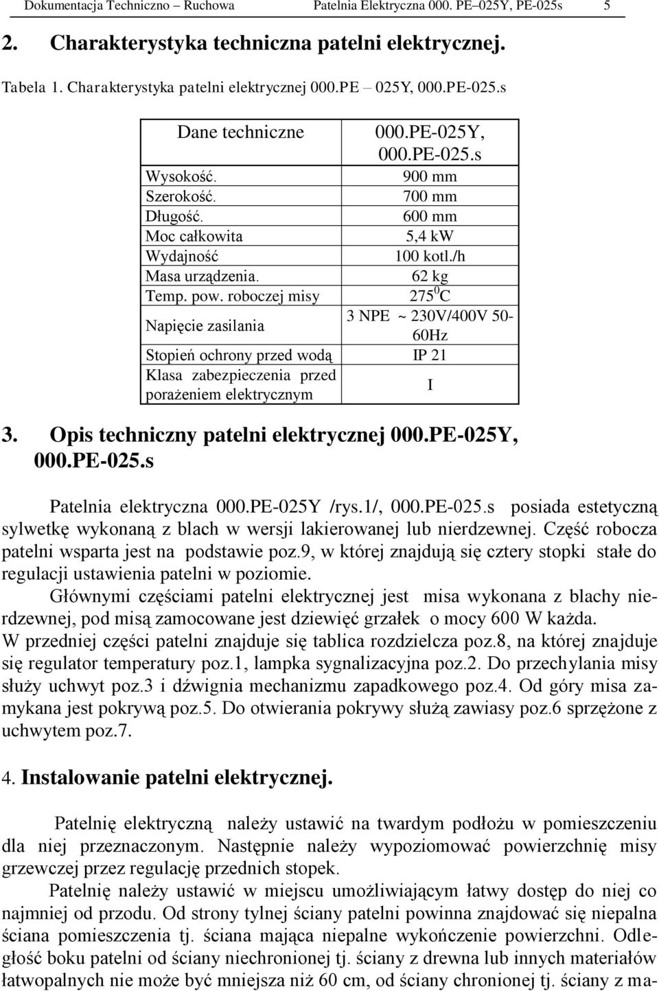 /h 62 kg 275 0 C 3 NPE ~ 230V/400V 50-60Hz Stopień ochrony przed wodą IP 21 Klasa zabezpieczenia przed porażeniem elektrycznym I 3. Opis techniczny patelni elektrycznej 000.PE-025Y