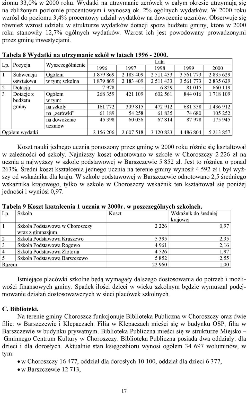 Obserwuje się również wzrost udziału w strukturze wydatków dotacji spoza budżetu gminy, które w 2000 roku stanowiły 12,7% ogólnych wydatków.