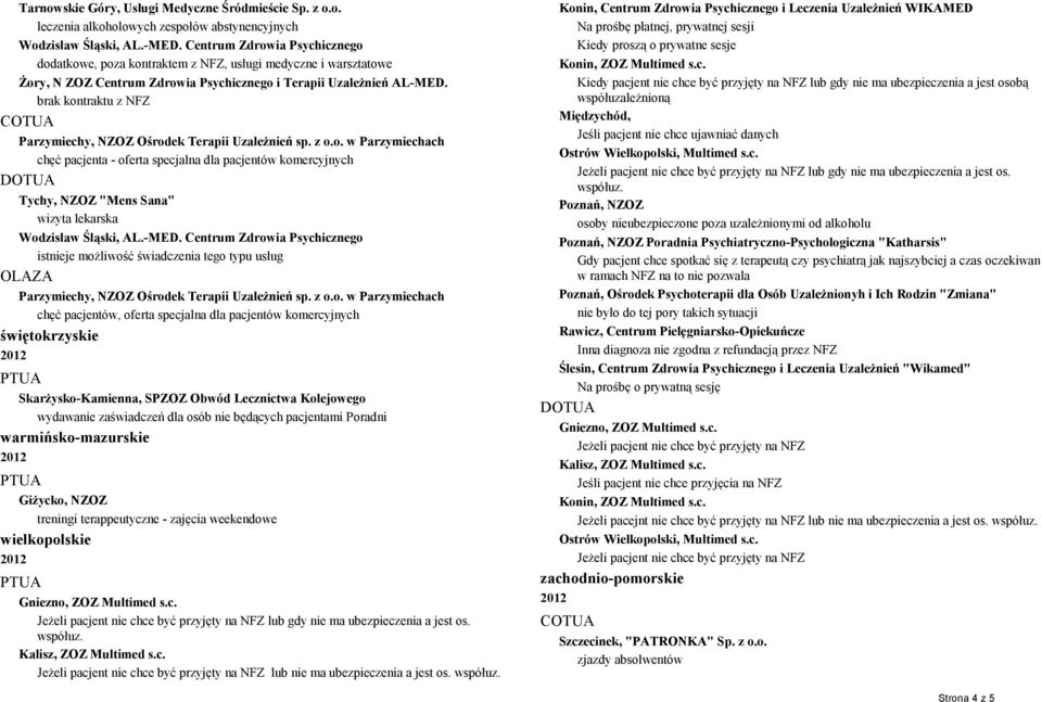 brak kontraktu z NFZ Parzymiechy, NZOZ Ośrodek Terapii Uzależnień sp. z o.o. w Parzymiechach chęć pacjenta - oferta specjalna dla pacjentów komercyjnych Tychy, NZOZ "Mens Sana" wizyta lekarska Wodzisław Śląski, AL.