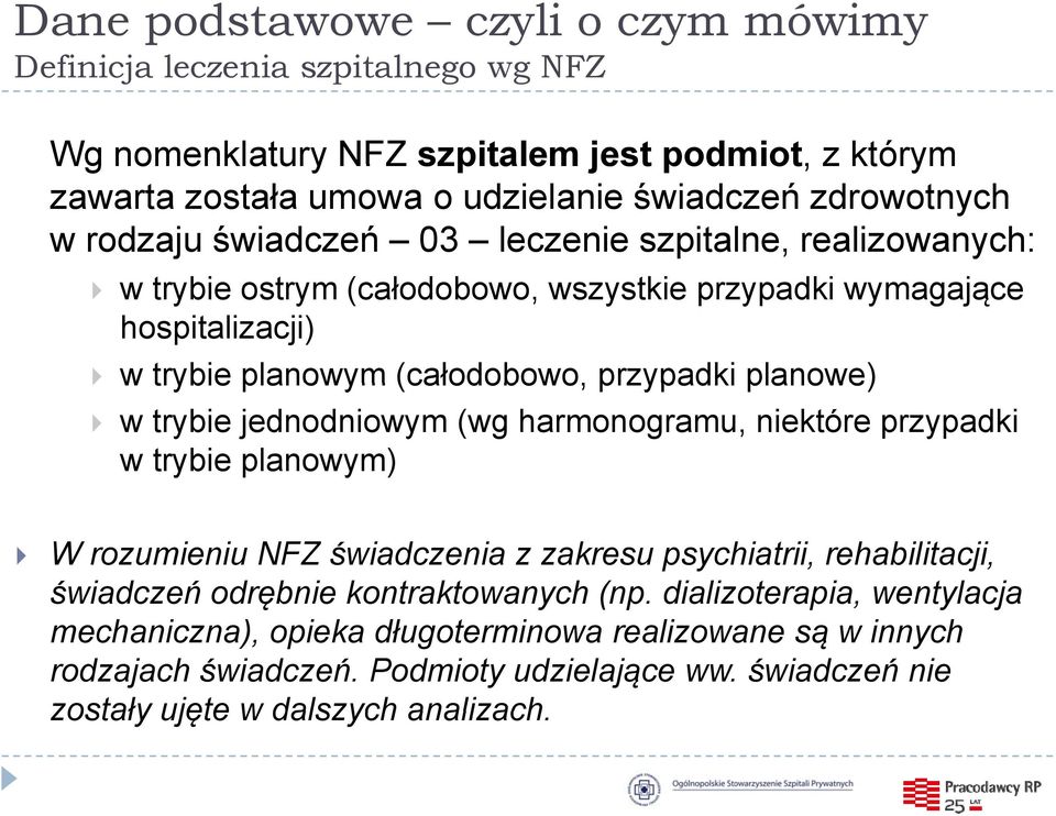 przypadki planowe) w trybie jednodniowym (wg harmonogramu, niektóre przypadki w trybie planowym) W rozumieniu NFZ świadczenia z zakresu psychiatrii, rehabilitacji, świadczeń odrębnie