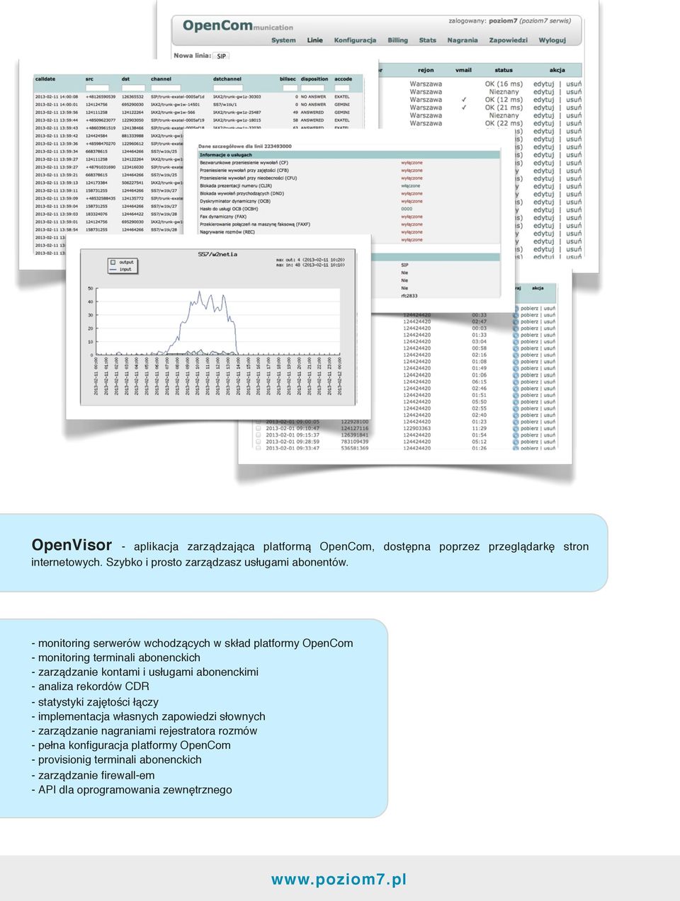 - monitoring serwerów wchodzących w skład platformy OpenCom - monitoring terminali abonenckich - zarządzanie kontami i usługami abonenckimi -