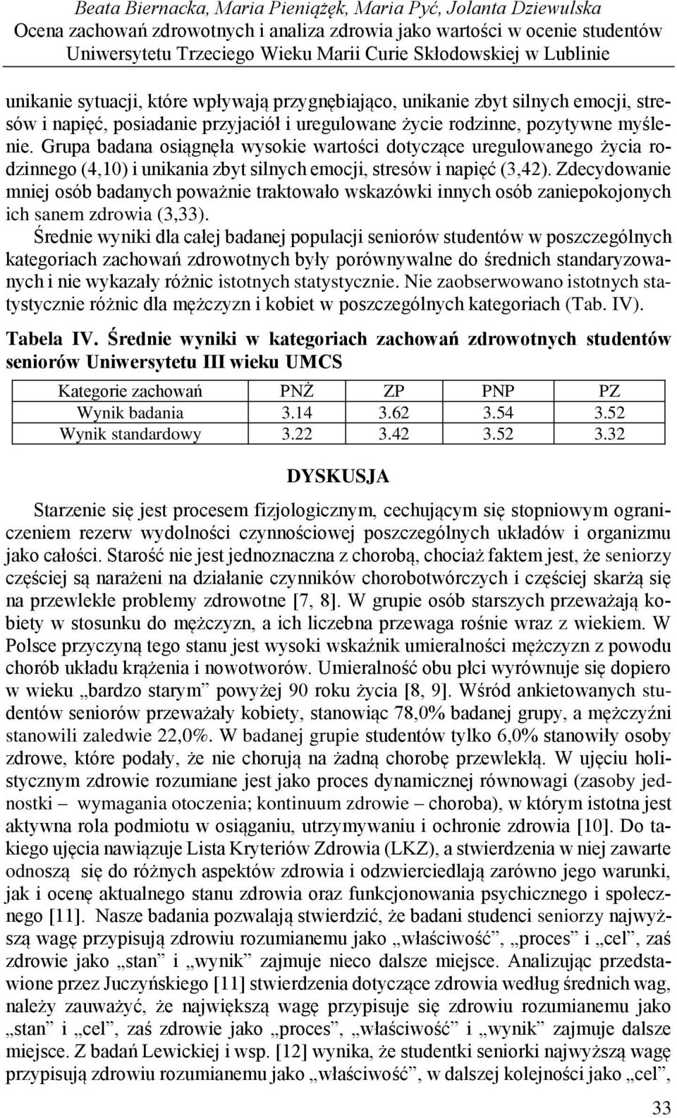 Grupa badana osiągnęła wysokie wartości dotyczące uregulowanego życia rodzinnego (4,10) i unikania zbyt silnych emocji, stresów i napięć (3,42).