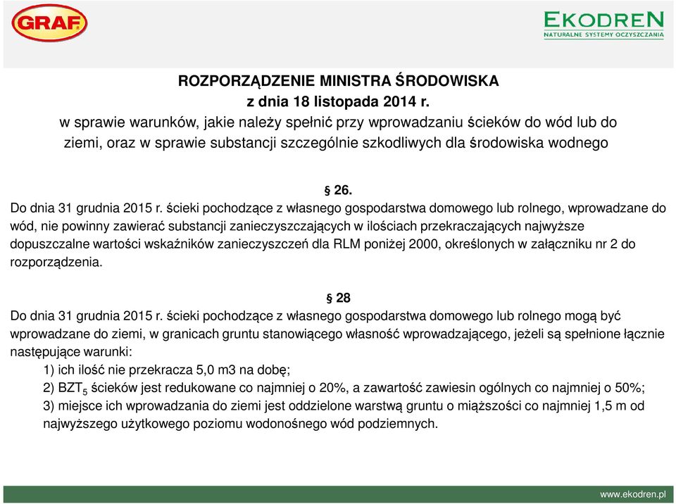 ścieki pochodzące z własnego gospodarstwa domowego lub rolnego, wprowadzane do wód, nie powinny zawierać substancji zanieczyszczających w ilościach przekraczających najwyższe dopuszczalne wartości