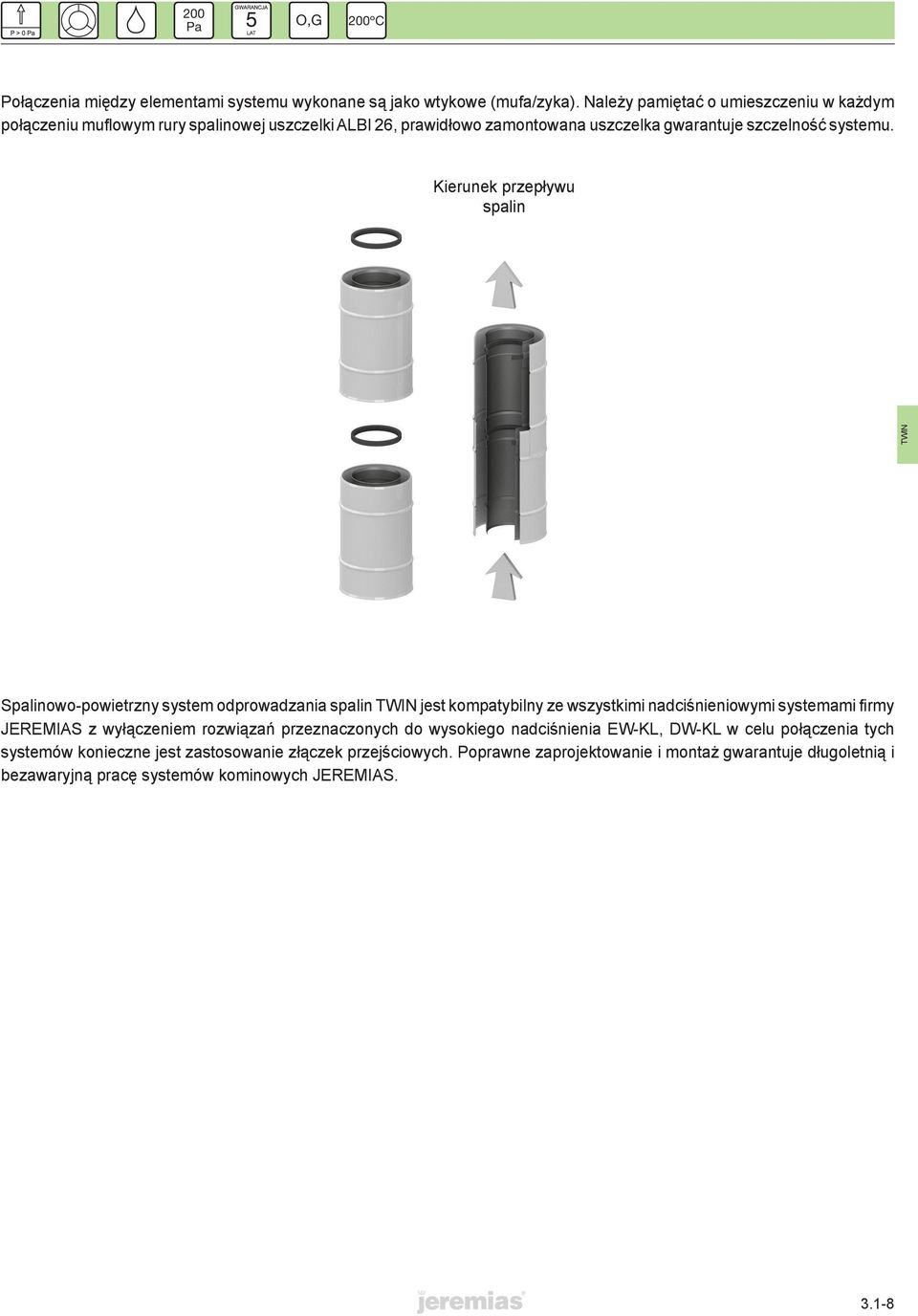Kierunek przepływu spalin Spalinowo-powietrzny system odprowadzania spalin jest kompatybilny ze wszystkimi nadciśnieniowymi systemami firmy JEREMIAS z wyłączeniem