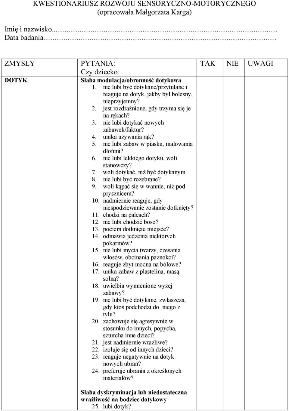 unika używania rąk? 5. nie lubi zabaw w piasku, malowania dłońmi? 6. nie lubi lekkiego dotyku, woli stanowczy? 7. woli dotykać, niż być dotykanym 8. nie lubi być rozebrane? 9.