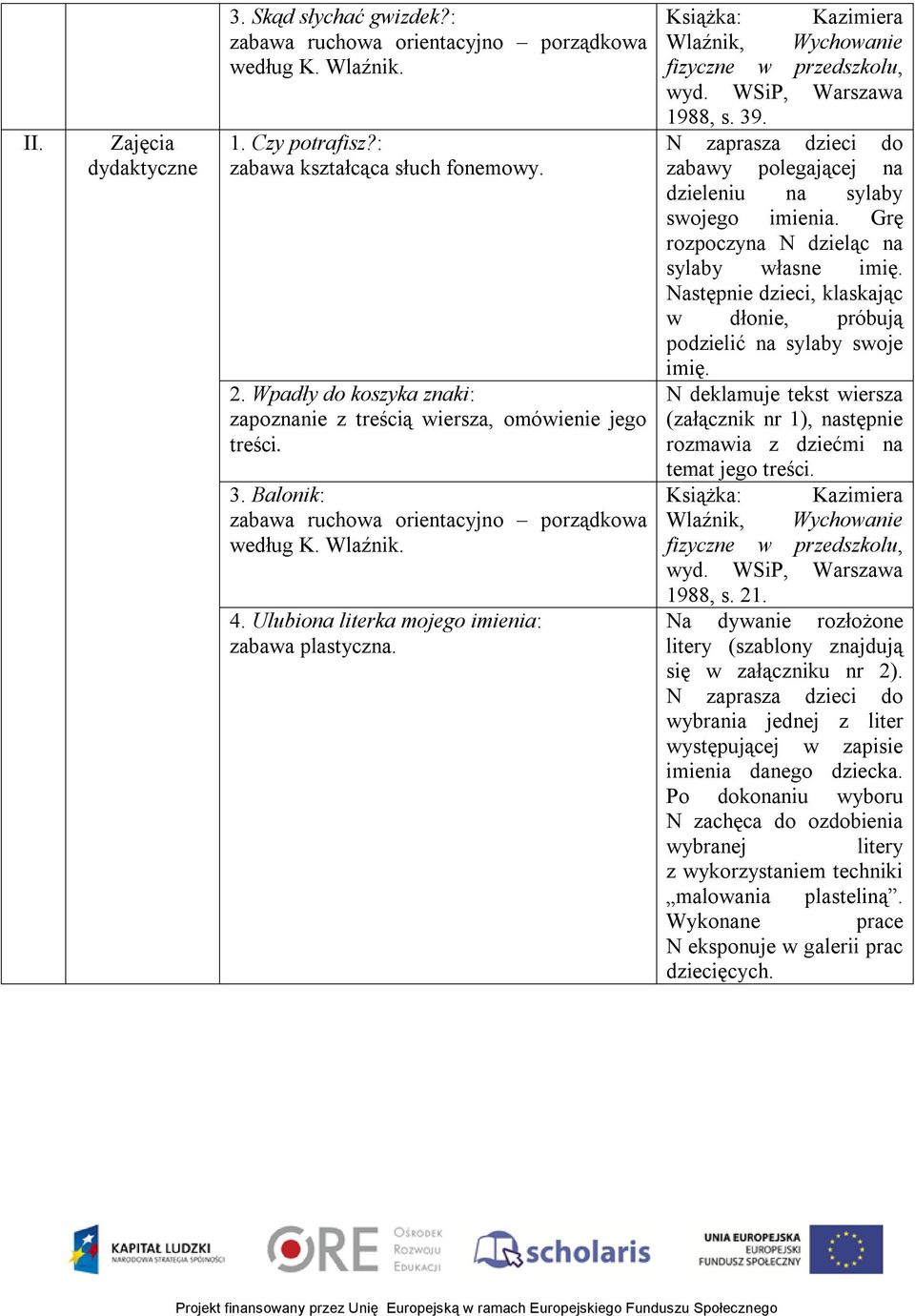 Ulubiona literka mojego imienia: zabawa plastyczna. Książka: Kazimiera Wlaźnik, Wychowanie fizyczne w przedszkolu, wyd. WSiP, Warszawa 1988, s. 39.