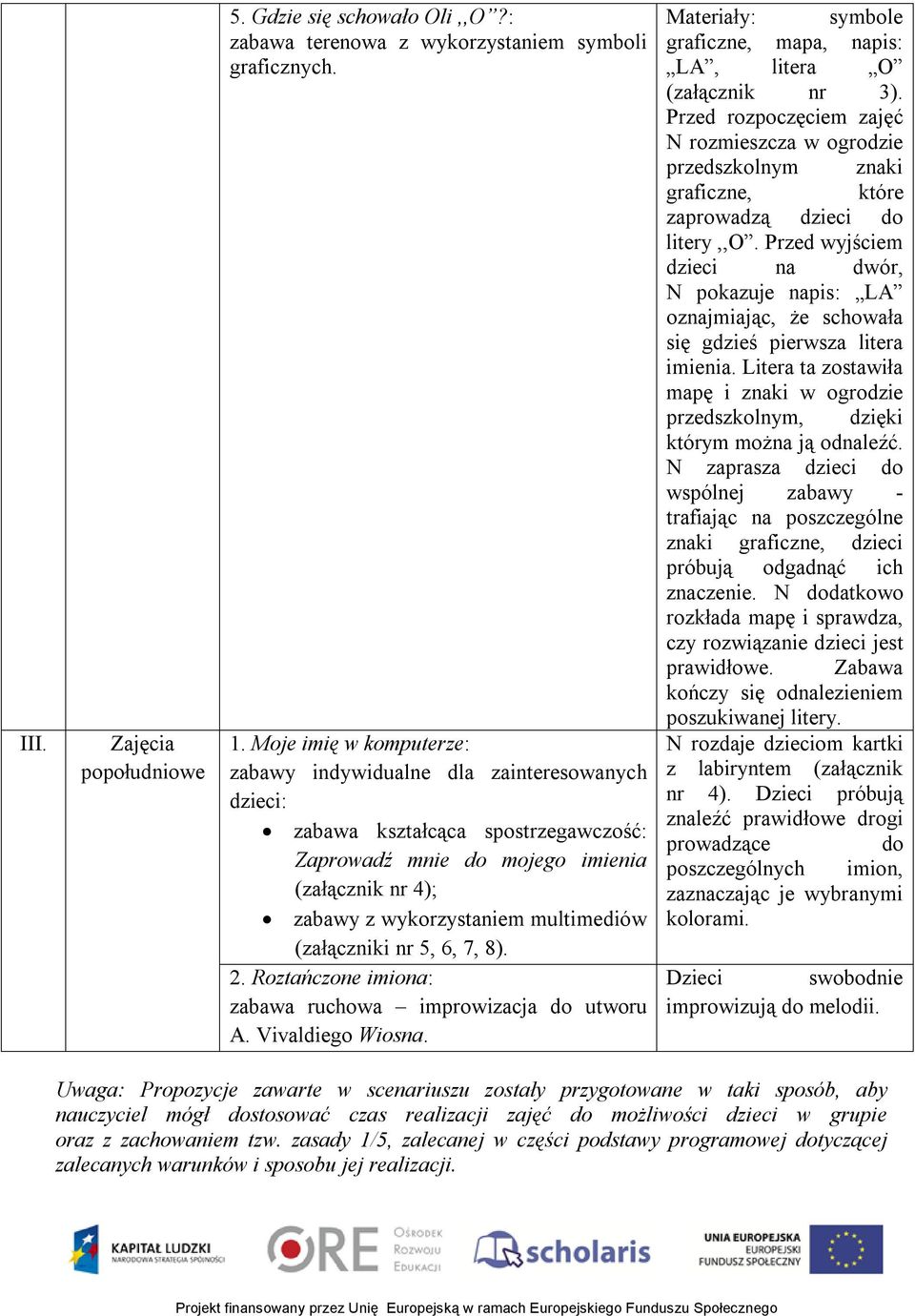 (załączniki nr 5, 6, 7, 8). 2. Roztańczone imiona: zabawa ruchowa improwizacja do utworu A. Vivaldiego Wiosna. Materiały: symbole graficzne, mapa, napis: LA, litera O (załącznik nr 3).