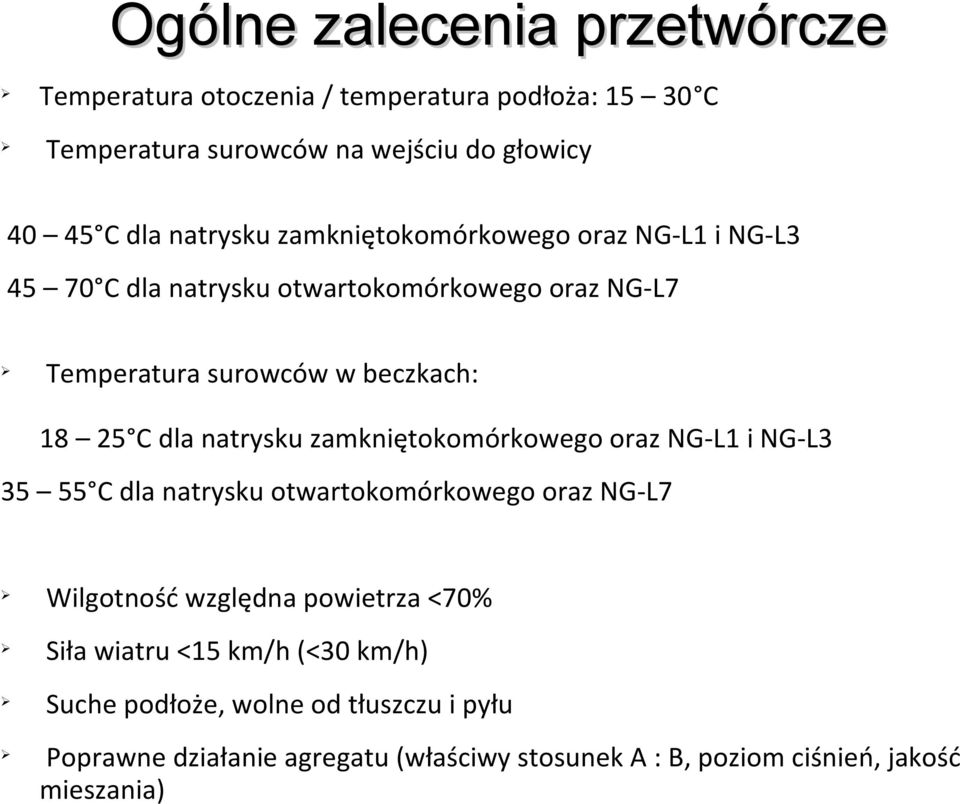 dla natrysku zamkniętokomórkowego oraz NG-L1 i NG-L3 35 55 C dla natrysku otwartokomórkowego oraz NG-L7 Wilgotność względna powietrza <70% Siła