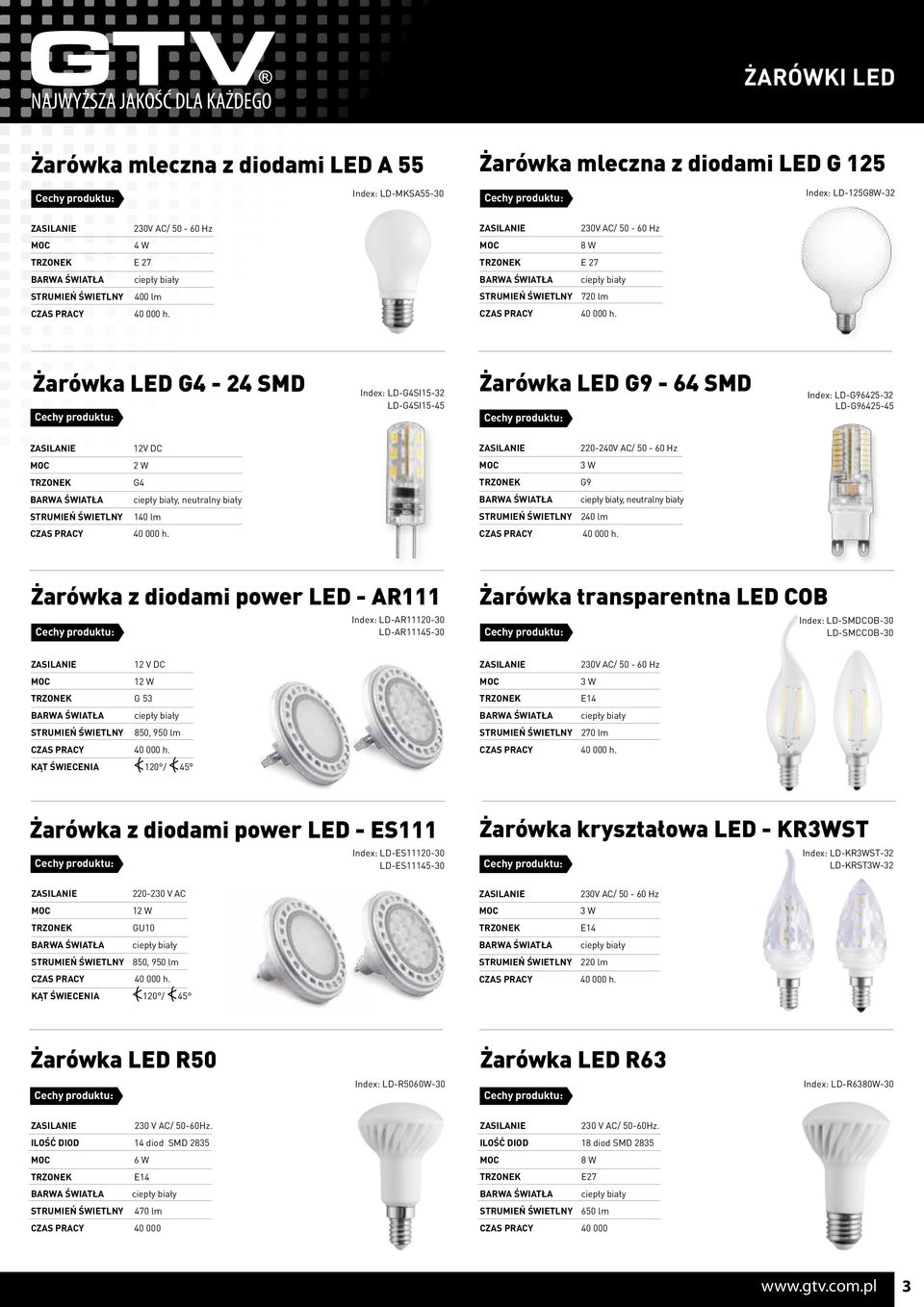 lm 240 lm Żarówka z diodami power LED - AR111 Index: LD-AR11120-30 LD-AR11145-30 Żarówka transparentna LED COB Index: LD-SMDCOB-30 LD-SMCCOB-30 12 V DC 12 W G 53 ciepły 850, 950 lm KĄT ŚWIECENIA <(