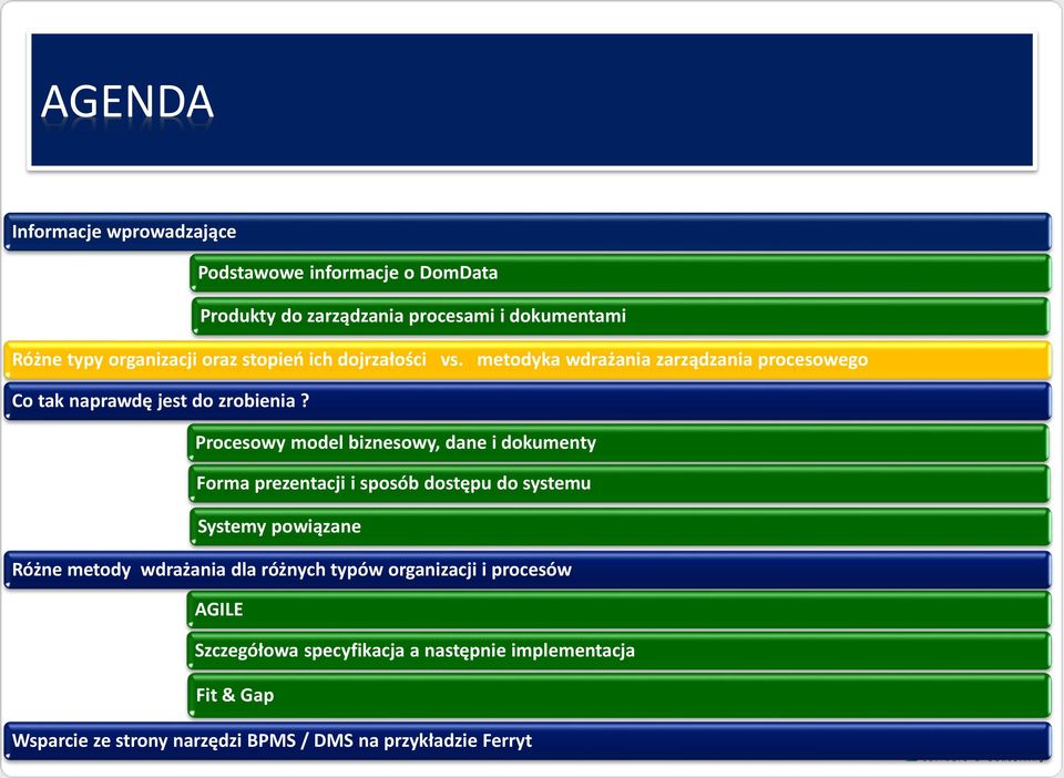 Procesowy model biznesowy, dane i dokumenty Forma prezentacji i sposób dostępu do systemu Systemy powiązane Różne metody wdrażania dla