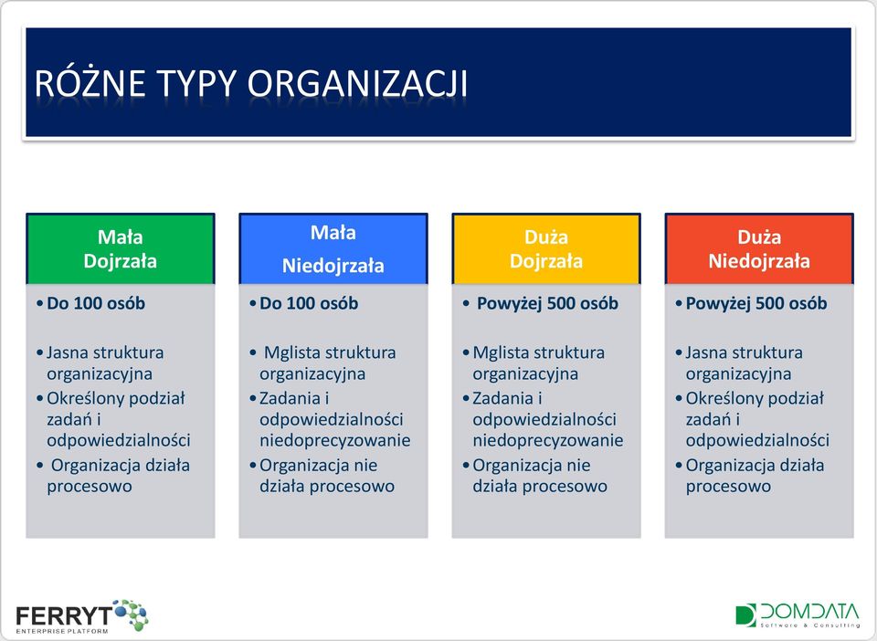 i odpowiedzialności niedoprecyzowanie Organizacja nie działa procesowo Mglista struktura organizacyjna Zadania i odpowiedzialności