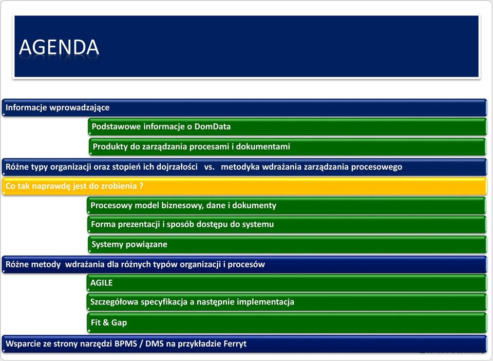 Procesowy model biznesowy, dane i dokumenty Forma prezentacji i sposób dostępu do systemu Systemy powiązane Różne metody wdrażania dla