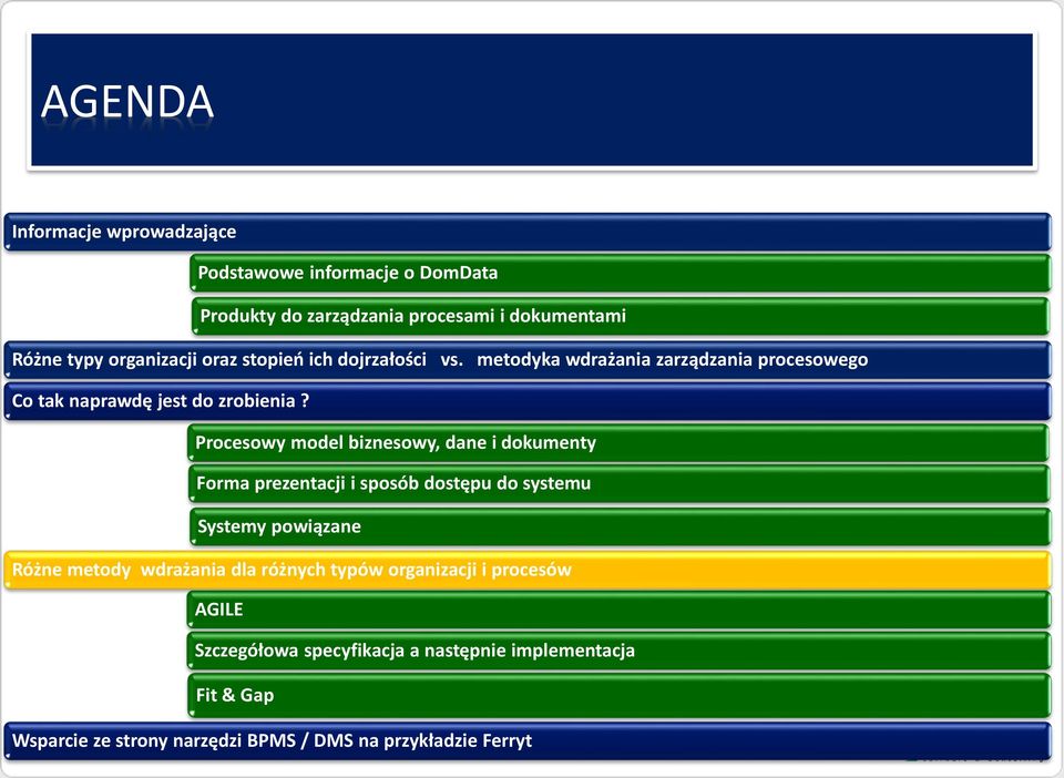 Procesowy model biznesowy, dane i dokumenty Forma prezentacji i sposób dostępu do systemu Systemy powiązane Różne metody wdrażania dla