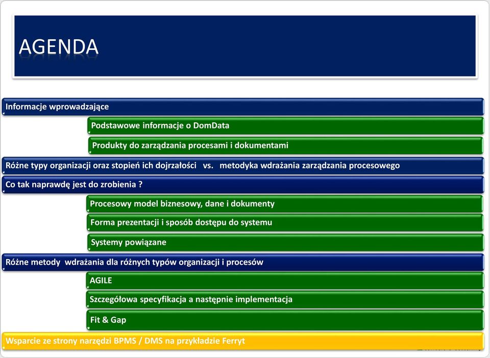 Procesowy model biznesowy, dane i dokumenty Forma prezentacji i sposób dostępu do systemu Systemy powiązane Różne metody wdrażania dla