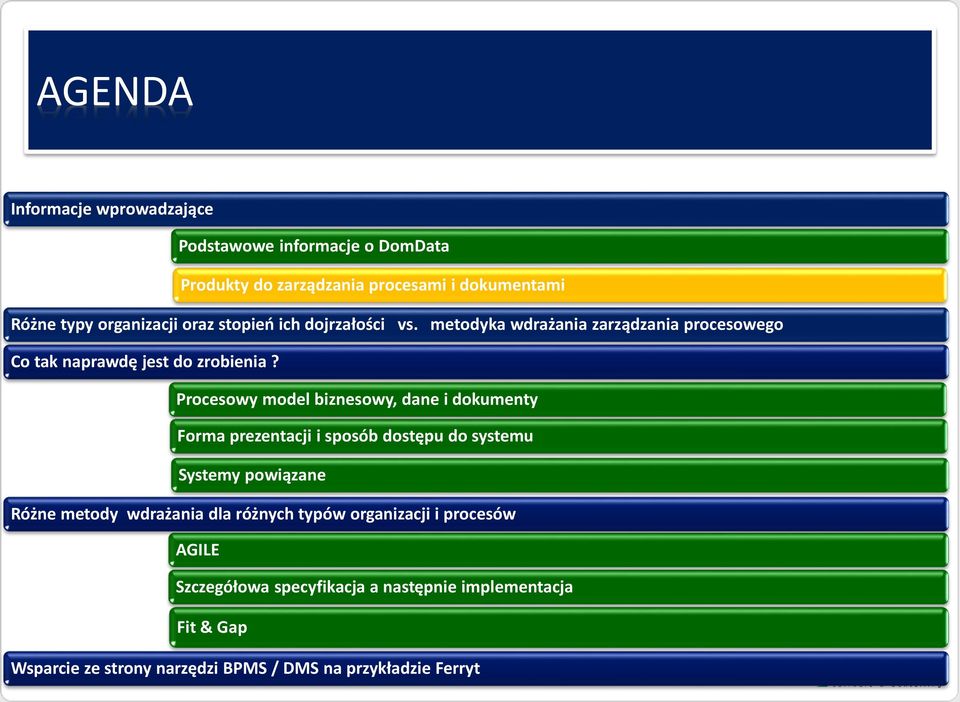 Procesowy model biznesowy, dane i dokumenty Forma prezentacji i sposób dostępu do systemu Systemy powiązane Różne metody wdrażania dla