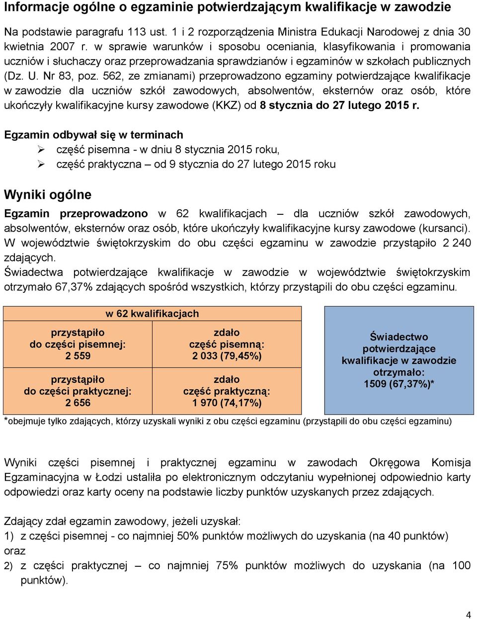 562, ze zmianami) przeprowadzono egzaminy potwierdzające kwalifikacje w zawodzie dla uczniów szkół zawodowych, absolwentów, eksternów oraz osób, które ukończyły kwalifikacyjne kursy zawodowe (KKZ) od