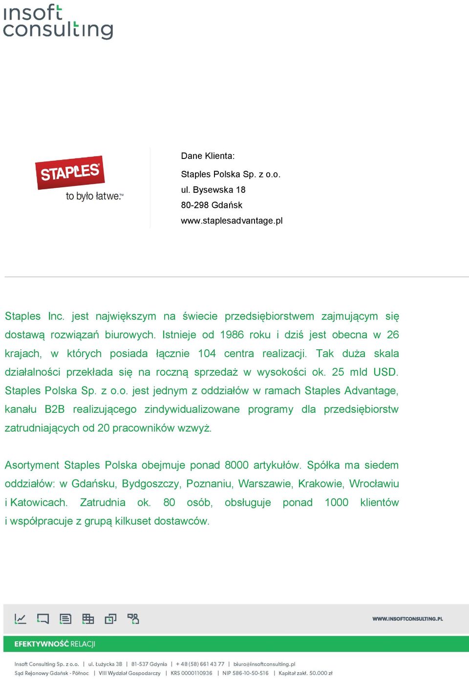 Staples Polska Sp. z o.o. jest jednym z oddziałów w ramach Staples Advantage, kanału B2B realizującego zindywidualizowane programy dla przedsiębiorstw zatrudniających od 20 pracowników wzwyż.