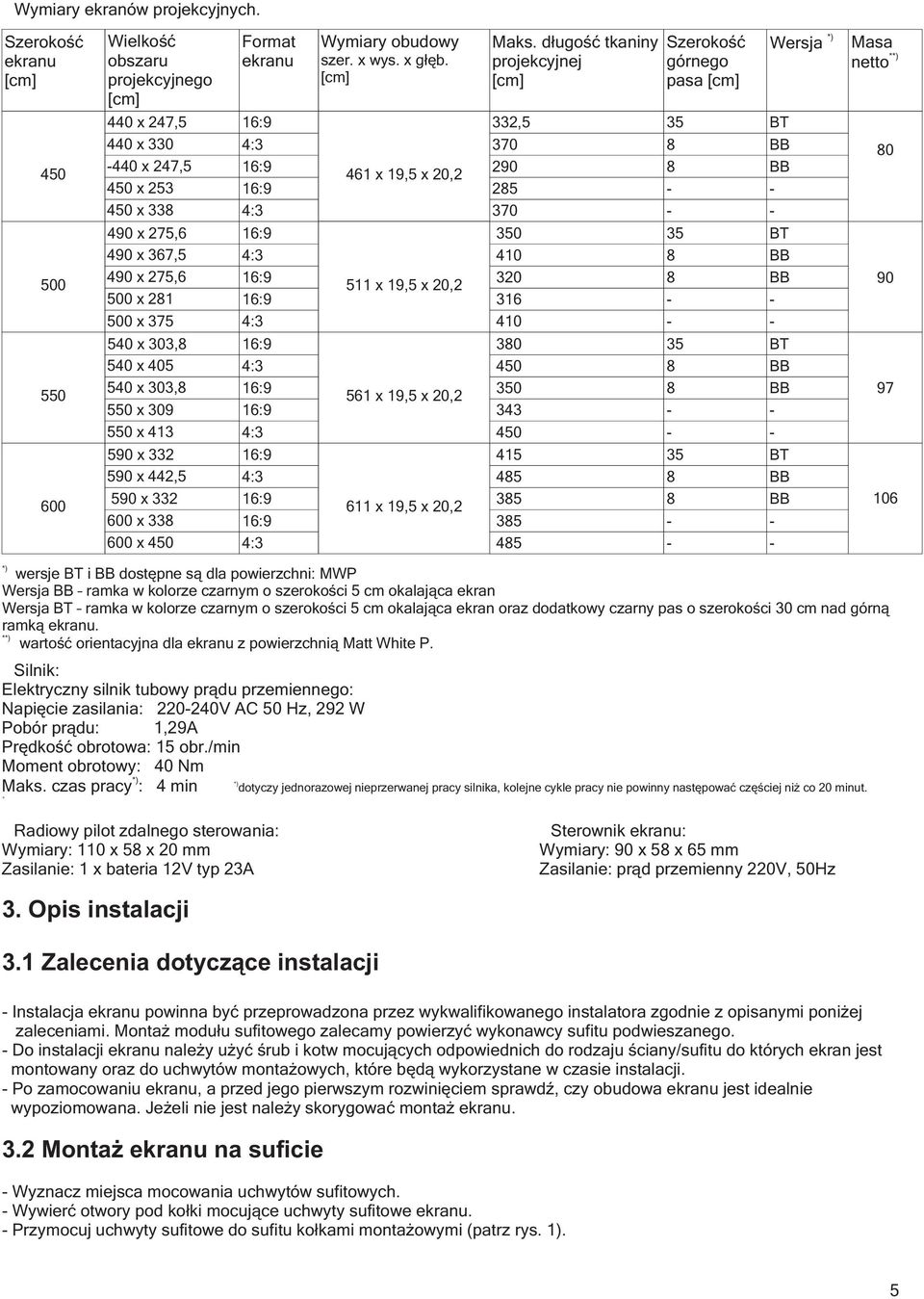 405 540 x 303, 550 x 309 550 x 413 590 x 332 590 x 442,5 590 x 332 600 x 33 600 x 450 Format ekranu Wymiary obudowy szer. x wys. x głęb.