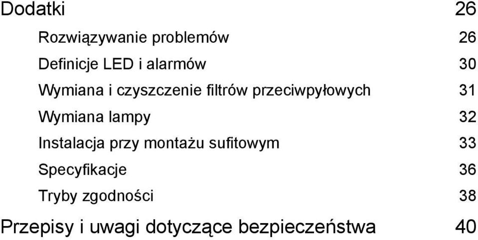 lampy 32 Instalacja przy montażu sufitowym 33 Specyfikacje 36