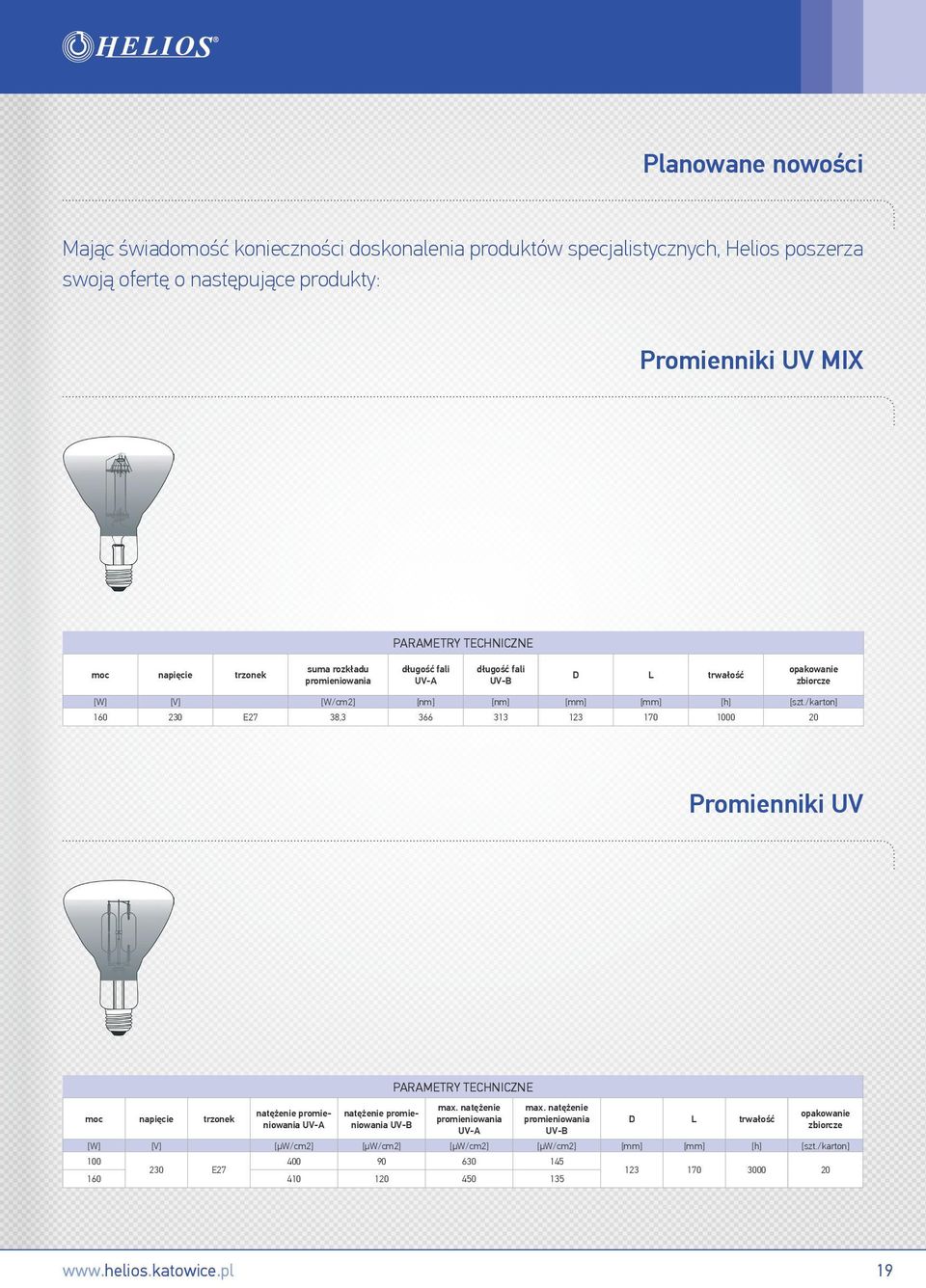 /karton] 160 230 E27 38,3 366 313 123 170 1000 20 Promienniki UV moc napięcie trzonek natężenie promieniowania UV-A natężenie promieniowania UV-B max.