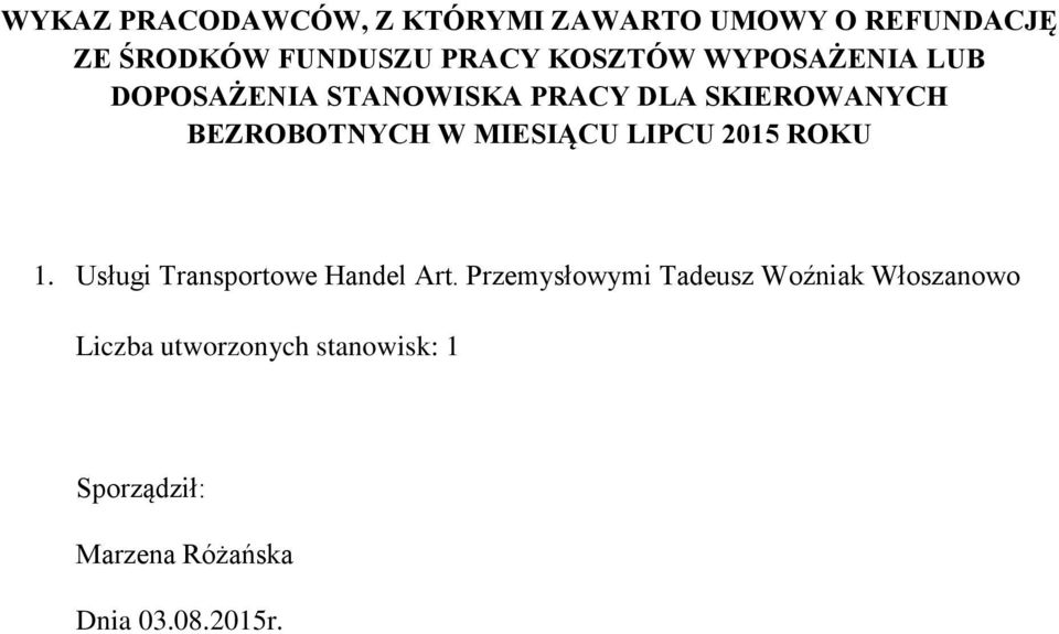 BEZROBOTNYCH W MIESIĄCU LIPCU 2015 ROKU 1. Usługi Transportowe Handel Art.