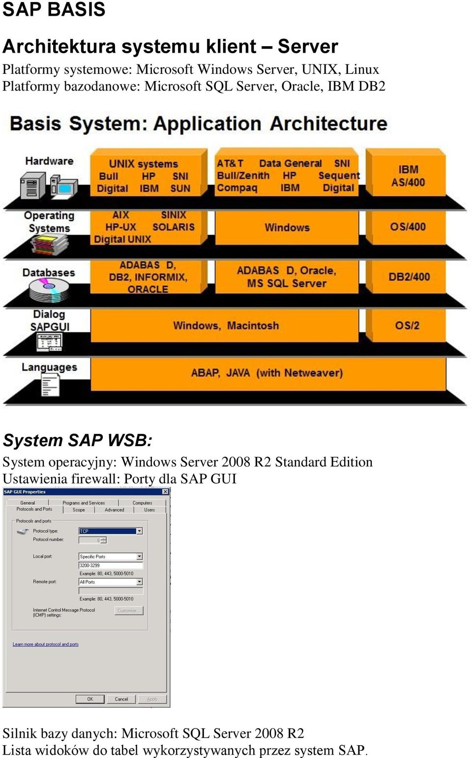 operacyjny: Windows Server 2008 R2 Standard Edition Ustawienia firewall: Porty dla SAP GUI