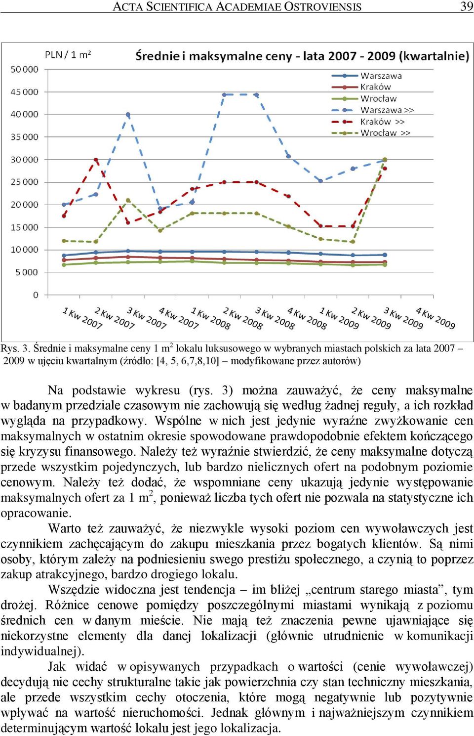 Średnie i maksymalne ceny 1 m 2 lokalu luksusowego w wybranych miastach polskich za lata 2007 2009 w ujęciu kwartalnym (źródło: [4, 5, 6,7,8,10] modyfikowane przez autorów) Na podstawie wykresu (rys.