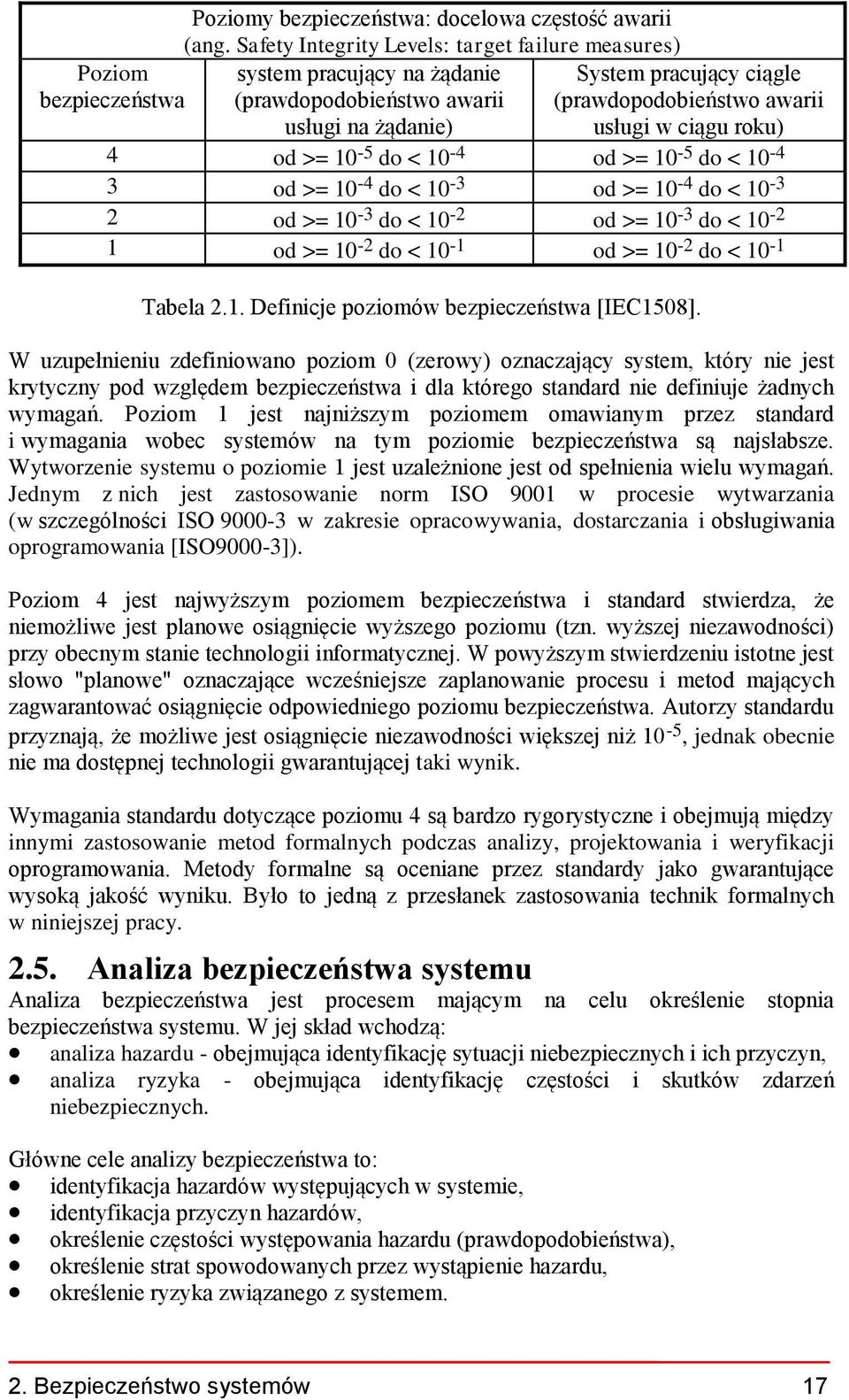 od >= 10-5 do < 10-4 od >= 10-5 do < 10-4 3 od >= 10-4 do < 10-3 od >= 10-4 do < 10-3 2 od >= 10-3 do < 10-2 od >= 10-3 do < 10-2 1 od >= 10-2 do < 10-1 od >= 10-2 do < 10-1 Tabela 2.1. Definicje poziomów bezpieczeństwa [IEC1508].