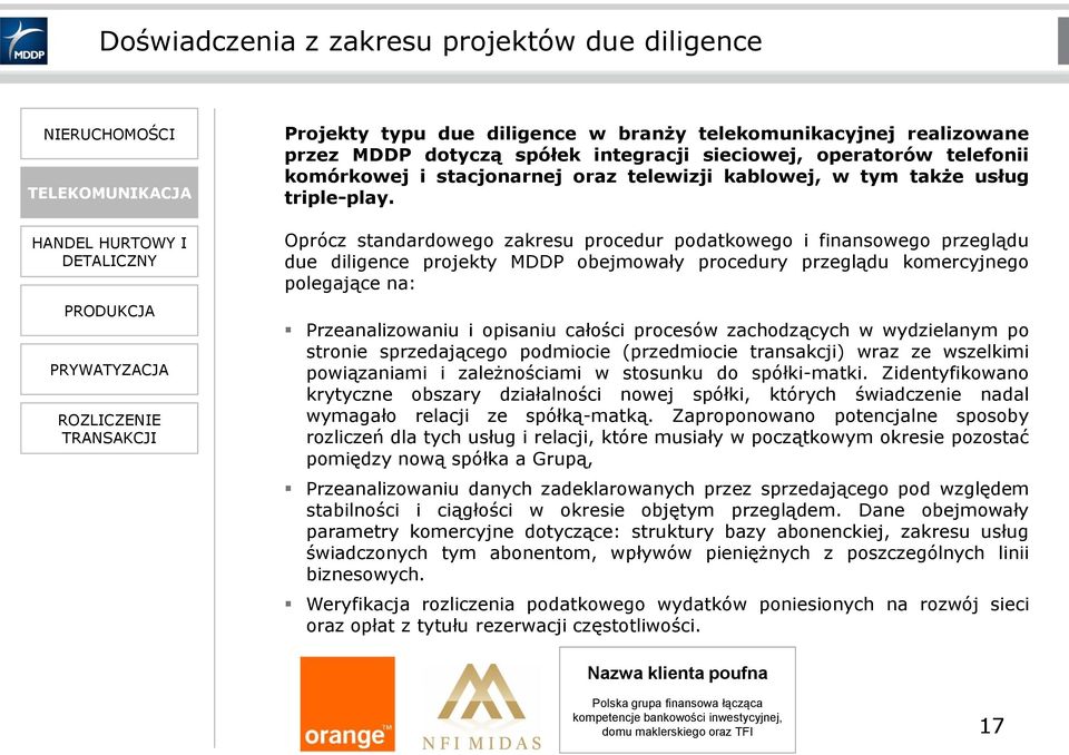 Oprócz standardowego zakresu procedur podatkowego i finansowego przeglądu due diligence projekty MDDP obejmowały procedury przeglądu komercyjnego polegające na: Przeanalizowaniu i opisaniu całości