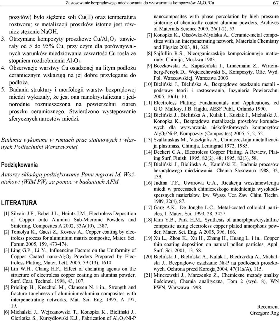 Obserwacje warstwy Cu osadzonej na litym podłożu ceramicznym wskazują na jej dobre przyleganie do podłoża. 5.