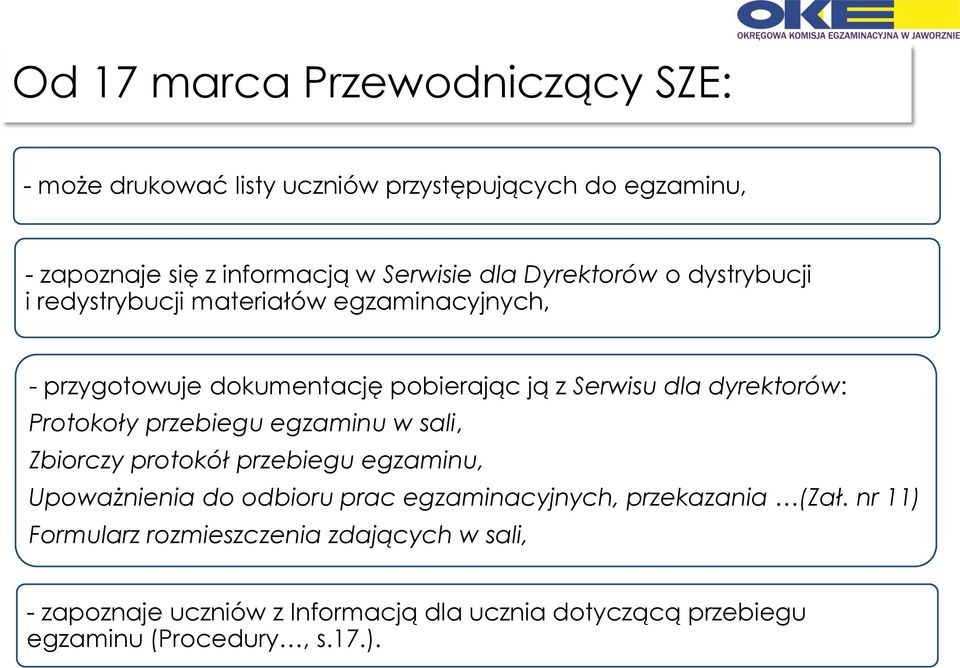 Protokoły przebiegu egzaminu w sali, Zbiorczy protokół przebiegu egzaminu, Upoważnienia do odbioru prac egzaminacyjnych, przekazania (Zał.
