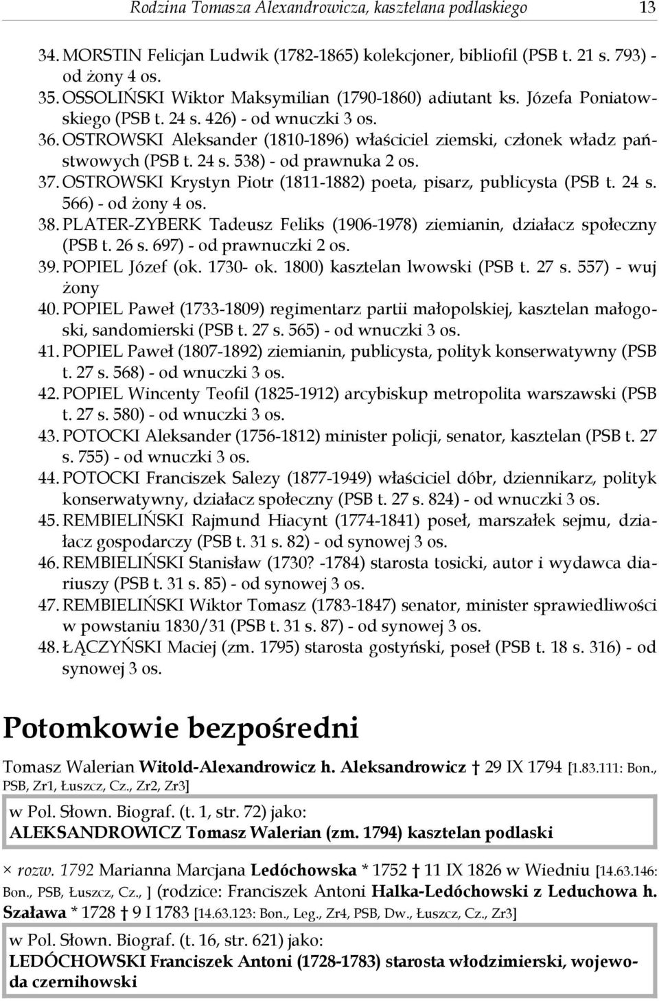 OSTROWSKI Aleksander (1810-1896) właściciel ziemski, członek władz państwowych (PSB t. 24 s. 538) - od prawnuka 2 os. 37. OSTROWSKI Krystyn Piotr (1811-1882) poeta, pisarz, publicysta (PSB t. 24 s. 566) - od żony 4 os.