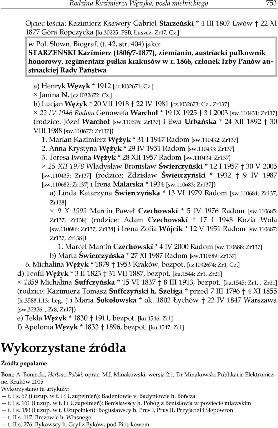 1866, członek Izby Panów austriackiej Rady Państwa a) Henryk Wężyk * 1912 [cz.i032671: Cz.] Janina N. [cz.i032672: Cz.] b) Lucjan Wężyk * 20 VII 1918 22 IV 1981 [cz.i032673: Cz.