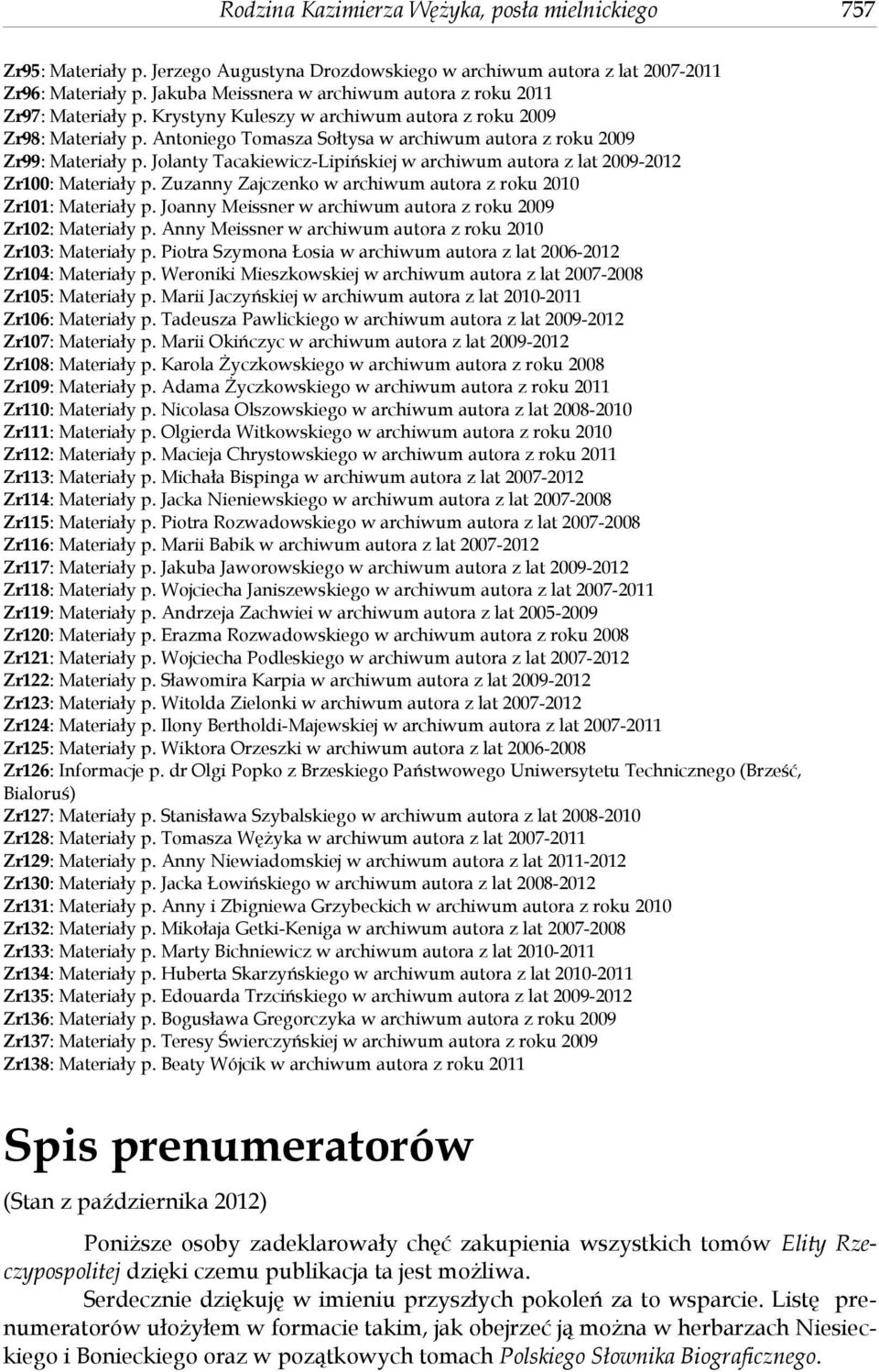 Antoniego Tomasza Sołtysa w archiwum autora z roku 2009 Zr99: Materiały p. Jolanty Tacakiewicz-Lipińskiej w archiwum autora z lat 2009-2012 Zr100: Materiały p.