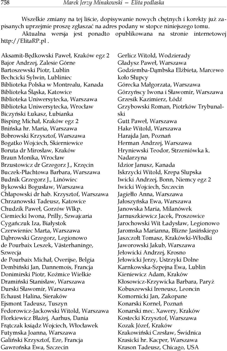 Aksamit-Będkowski Paweł, Kraków egz 2 Bajor Andrzej, Zalesie Górne Bartoszewski Piotr, Lublin Bechcicki Sylwin, Lubliniec Biblioteka Polska w Montrealu, Kanada Biblioteka Śląska, Katowice Biblioteka