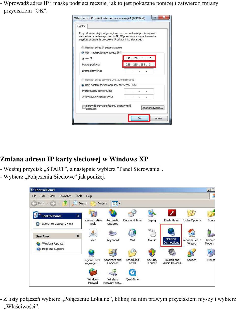 Zmiana adresu IP karty sieciowej w Windows XP - Wciśnij przycisk START, a następnie wybierz