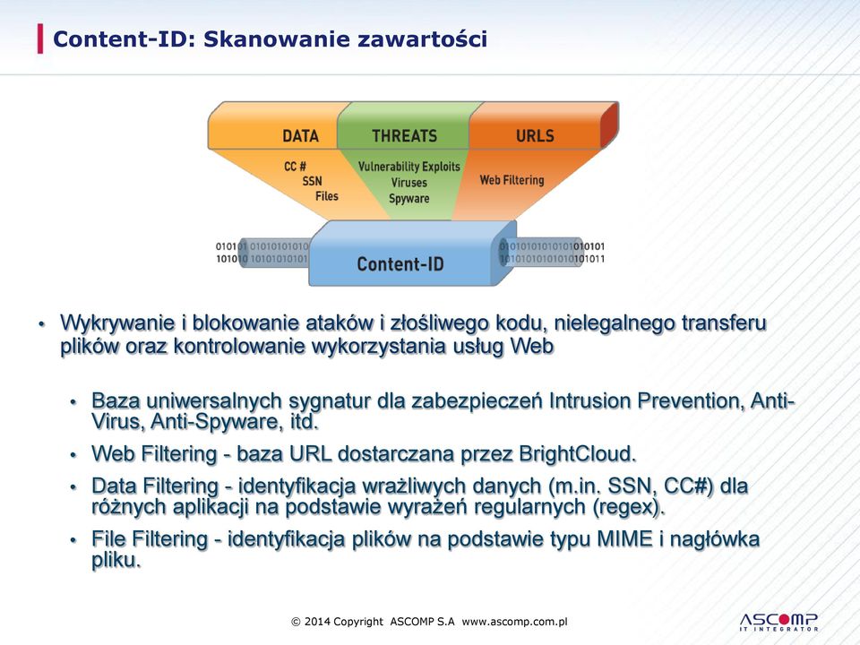 Anti-Spyware, itd. Web Filtering - baza URL dostarczana przez BrightCloud. Data Filtering - identyfikacja wrażliwych danych (m.in. SSN, CC#) dla różnych aplikacji na podstawie wyrażeń regularnych (regex).