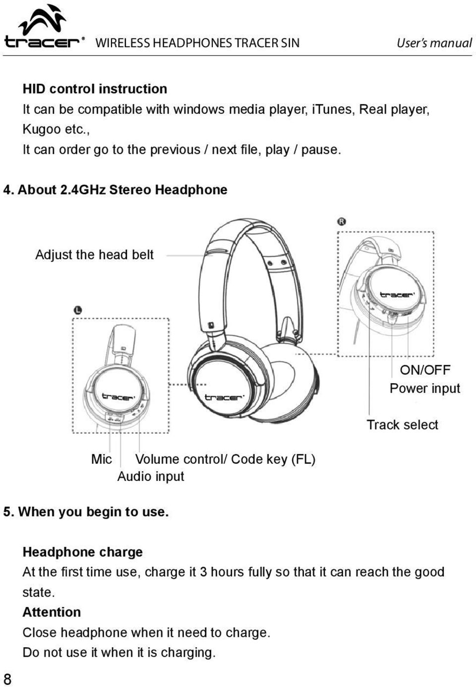 4GHz Stereo Headphone Adjust the head belt ON/OFF Power input Mic Volume control/ Code key (FL) Audio input Track select 5.