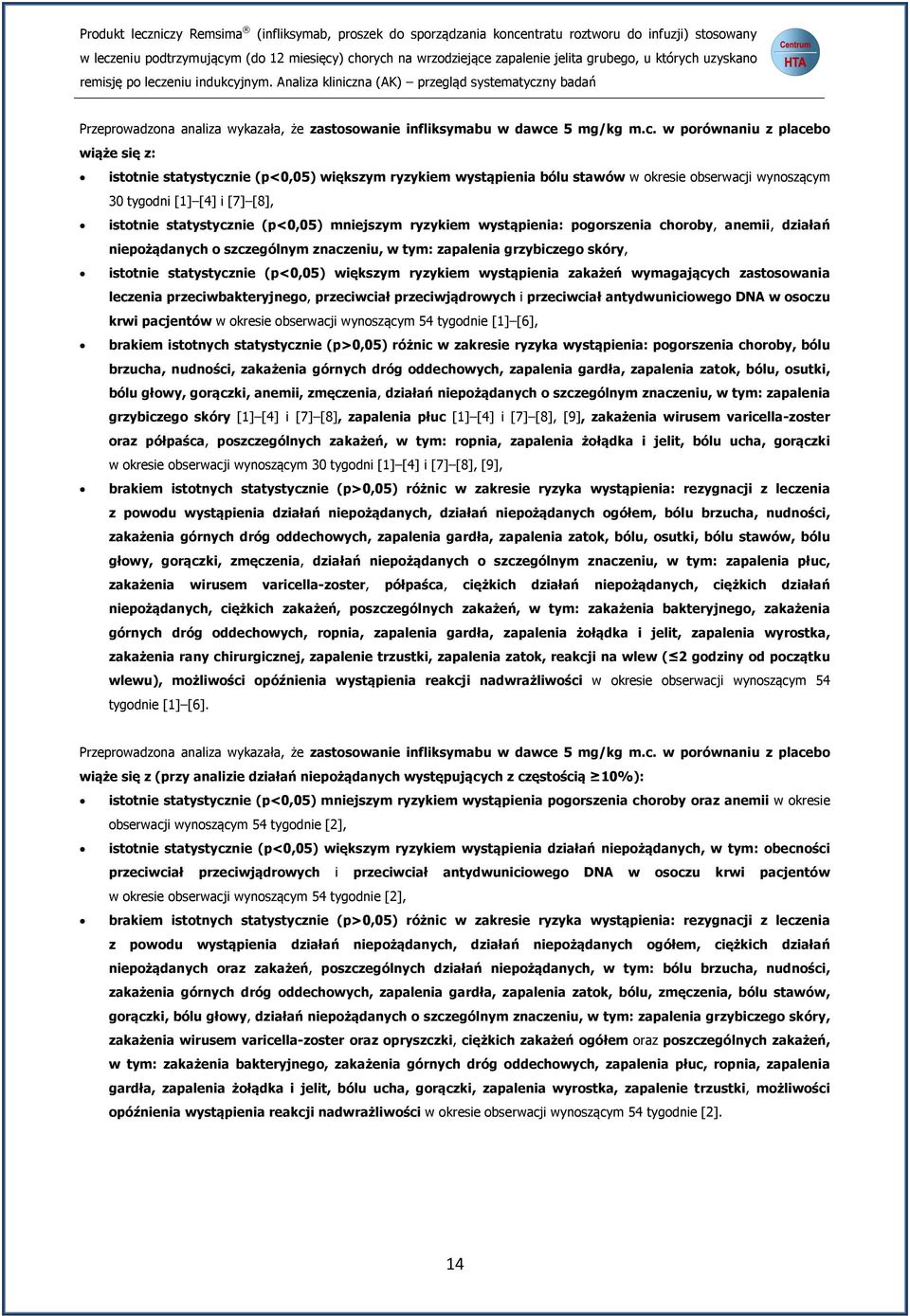 w porównaniu z placebo wiąże się z: istotnie statystycznie (p<0,05) większym ryzykiem wystąpienia bólu stawów w okresie obserwacji wynoszącym 30 tygodni [1] [4] i [7] [8], istotnie statystycznie