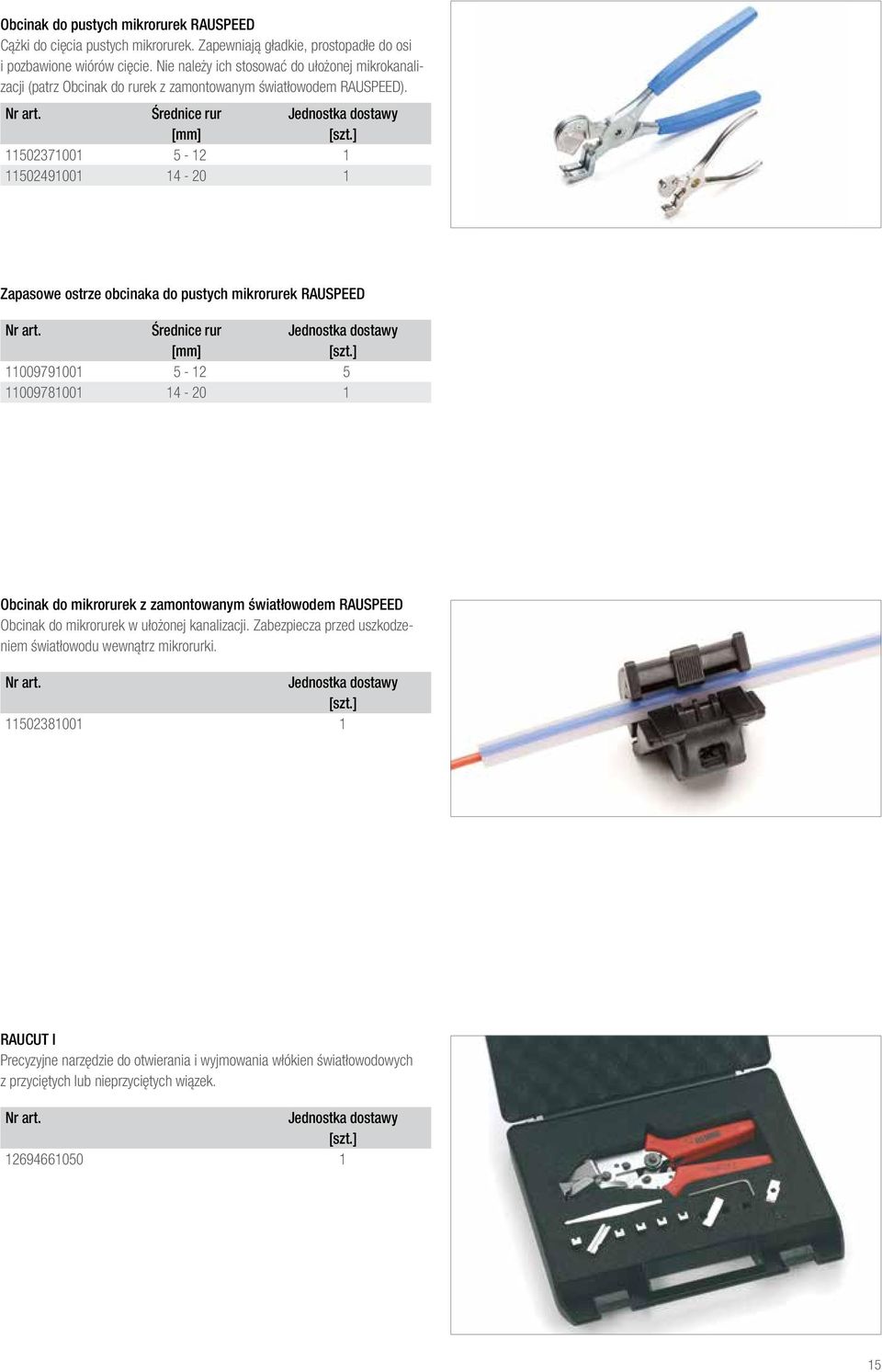 Średnice rur Jednostka dostawy [mm] 11502371001 5-12 1 11502491001 14-20 1 Zapasowe ostrze obcinaka do pustych mikrorurek RAUSPEED Nr art.