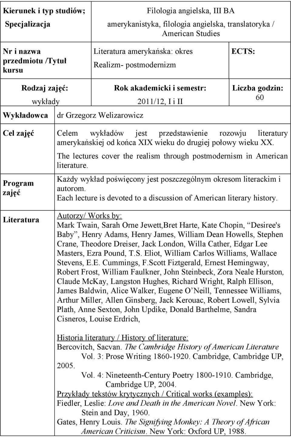 wykładów jest przedstawienie rozowju literatury amerykańskiej od końca XIX wieku do drugiej połowy wieku XX. The lectures cover the realism through postmodernism in American literature.
