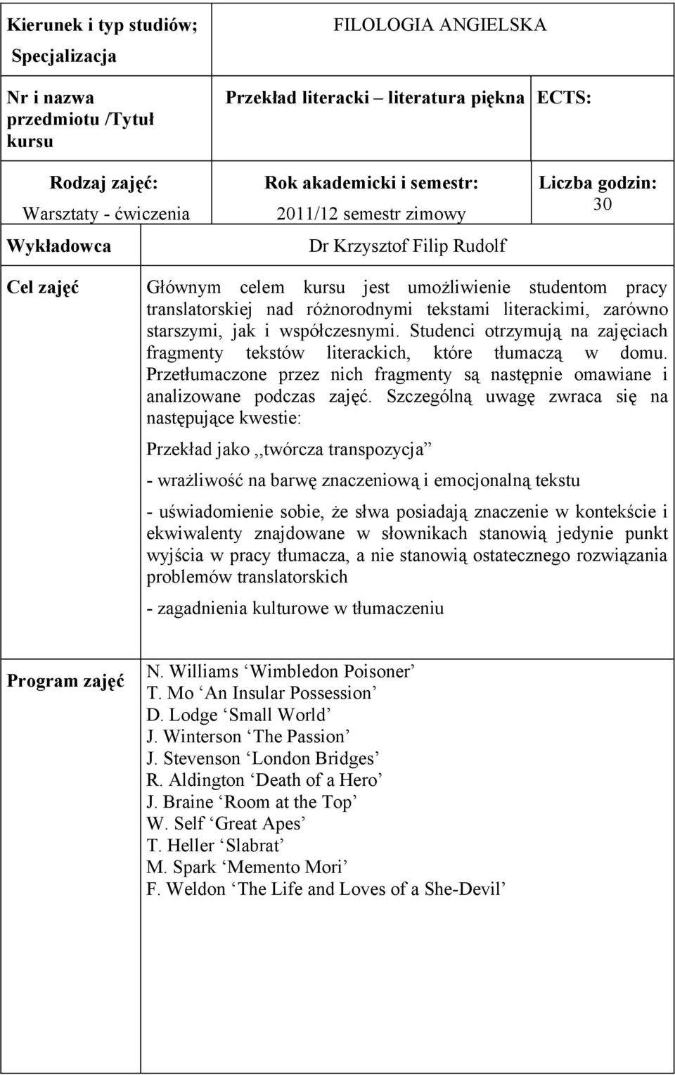zarówno starszymi, jak i współczesnymi. Studenci otrzymują na zajęciach fragmenty tekstów literackich, które tłumaczą w domu.