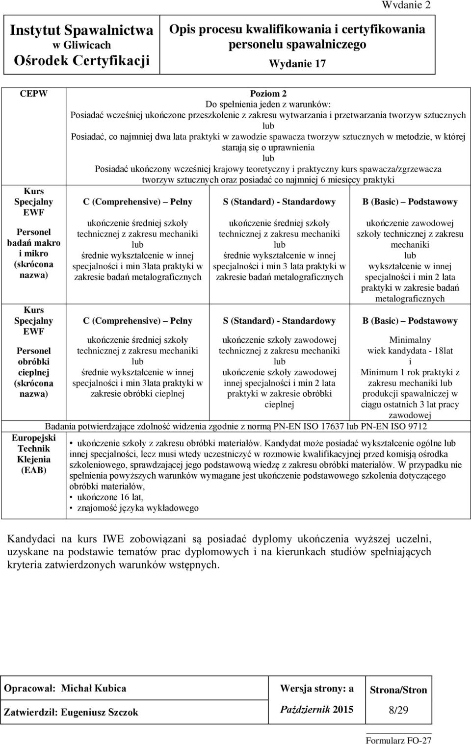 posiadać co najmniej 6 miesięcy praktyki Kurs Specjalny EWF Personel badań makro i mikro (skrócona nazwa) Kurs Specjalny EWF Personel obróbki cieplnej (skrócona nazwa) Europejski Technik Klejenia