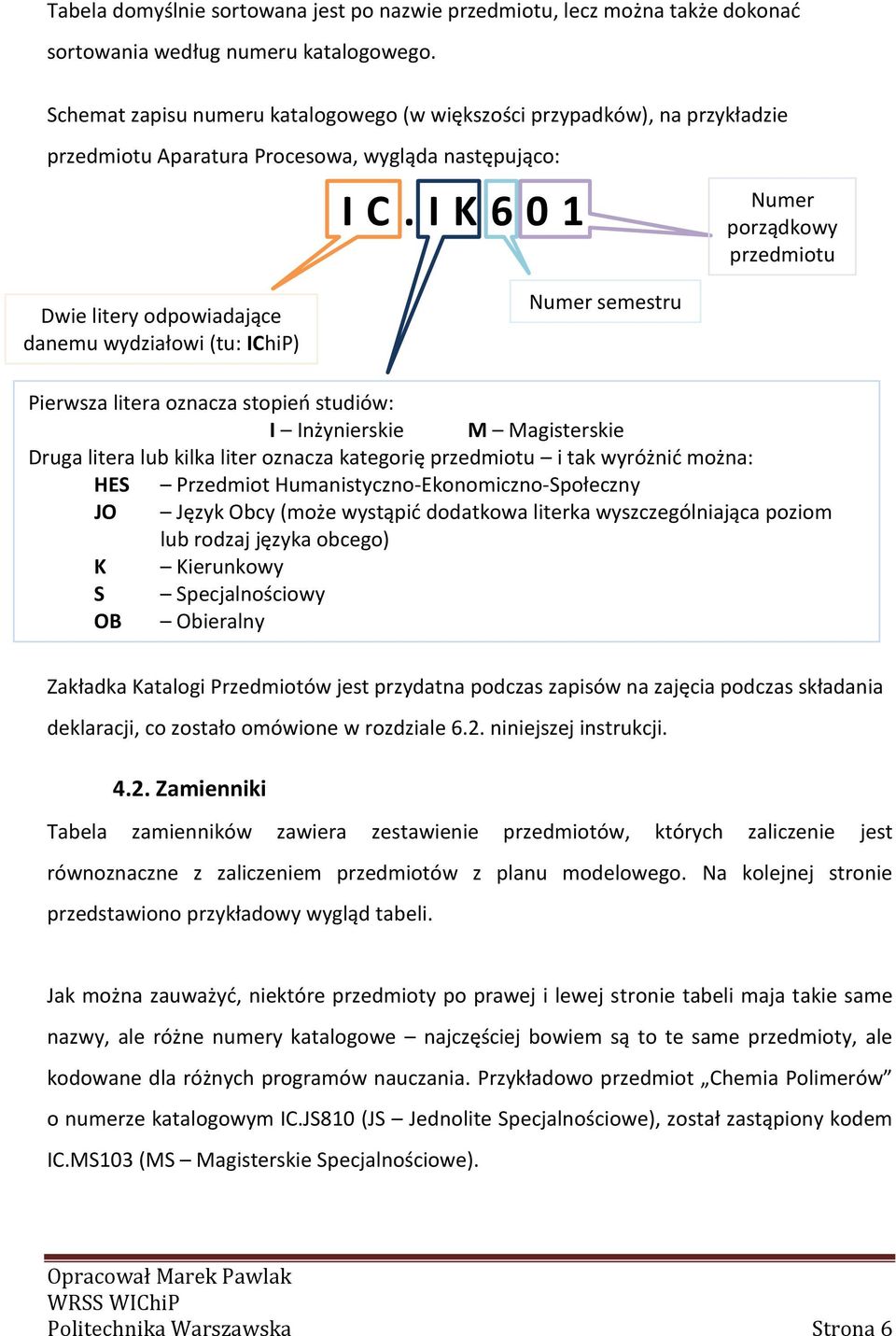 I K 6 0 1 Numer porządkowy przedmiotu Dwie litery odpowiadające danemu wydziałowi (tu: IChiP) Numer semestru Pierwsza litera oznacza stopień studiów: I Inżynierskie M Magisterskie Druga litera lub