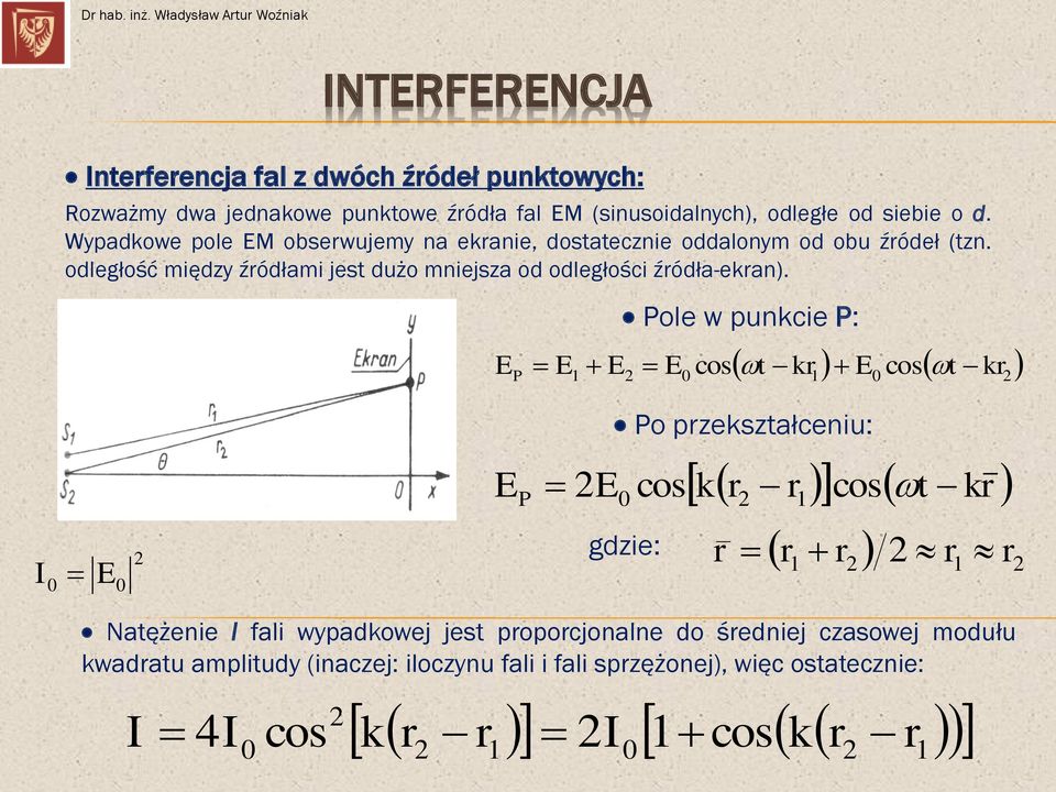 E P E Pole w punkcie P: t kr E t kr 1 E2 E0 cos 1 0 cos 2 E P Po przekształceniu: k r r cos t kr 2E0 cos 2 1 I0 E 0 2 gdzie: r r1 r2 2 r1 r2 Natężenie I fali