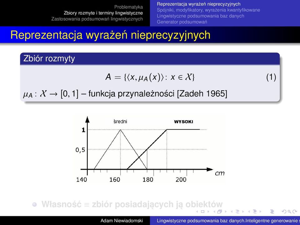Zbiór rozmyty A = { x, µ A (x) : x X} (1) µ A : X [0, 1]