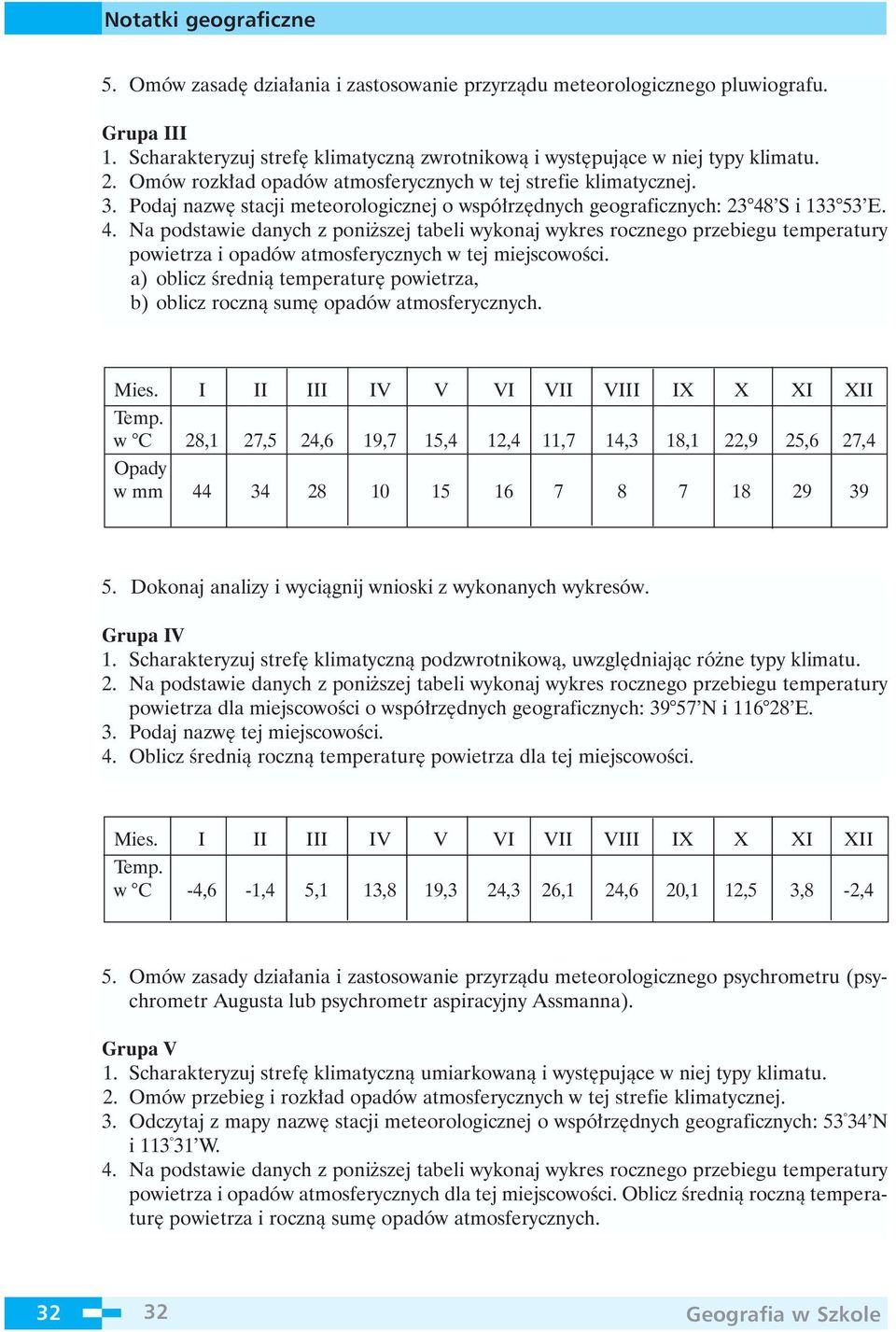 S i 133 53 E. 4. Na podstawie danych z poni szej tabeli wykonaj wykres rocznego przebiegu temperatury powietrza i opadów atmosferycznych w tej miejscowoêci.