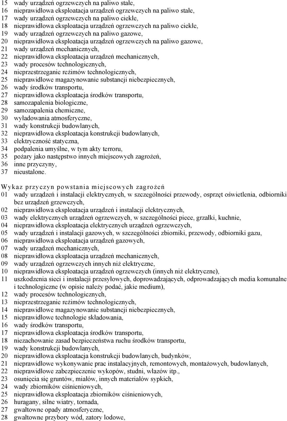 eksploatacja urządzeń mechanicznych, 23 wady procesów technologicznych, 24 nieprzestrzeganie reżimów technologicznych, 25 nieprawidłowe magazynowanie substancji niebezpiecznych, 26 wady środków
