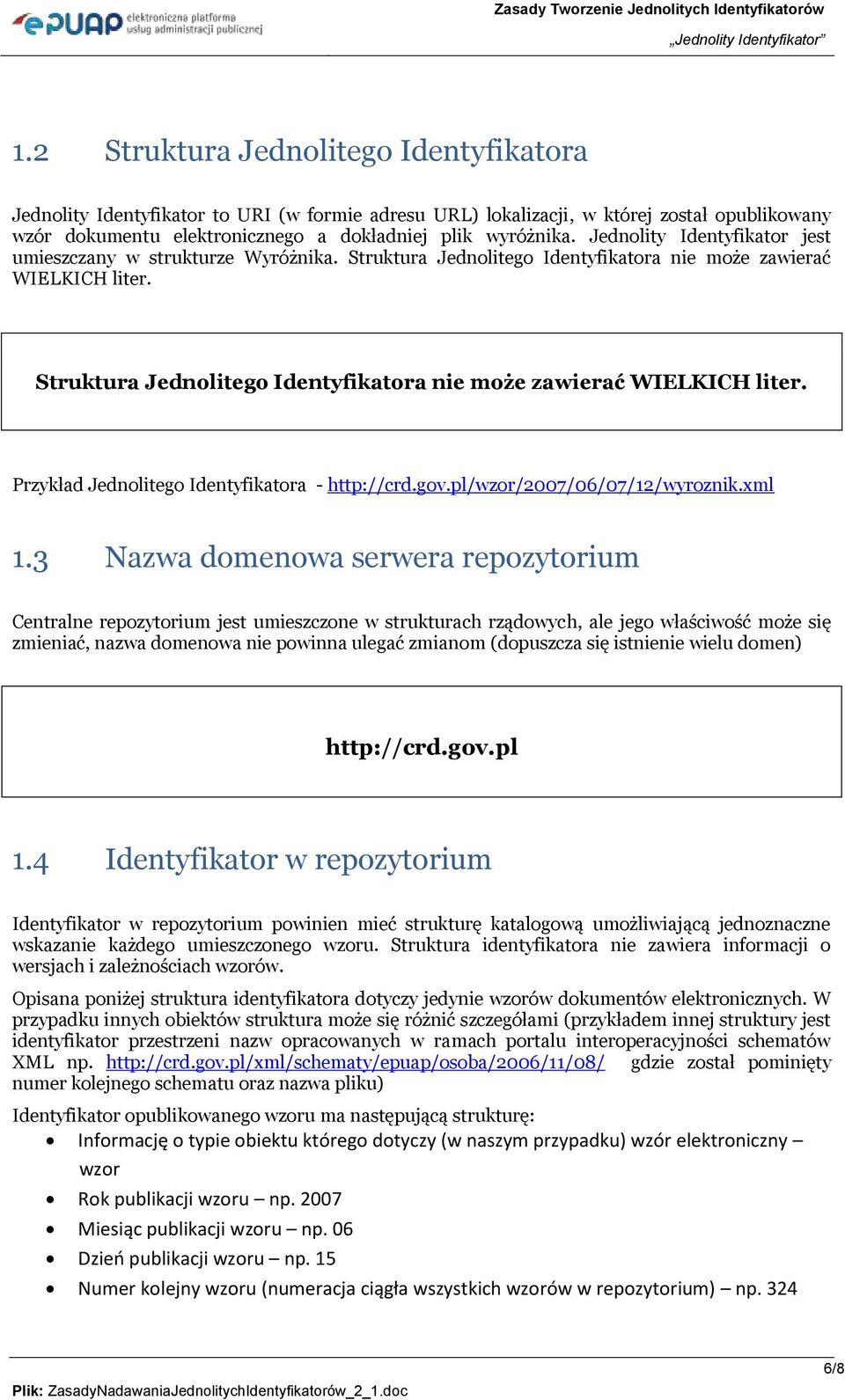 Jednolity Identyfikator jest umieszczany w strukturze Wyróżnika. Struktura Jednolitego Identyfikatora nie może zawierać WIELKICH liter.