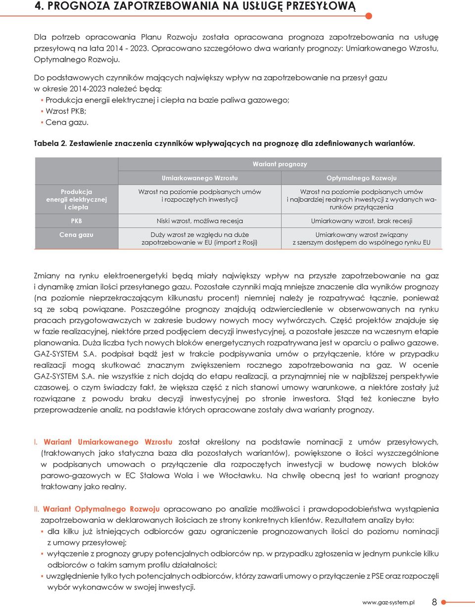 Do podstawowych czynników mających największy wpływ na zapotrzebowanie na przesył gazu w okresie 2014-2023 należeć będą: Produkcja energii elektrycznej i ciepła na bazie paliwa gazowego; Wzrost PKB;